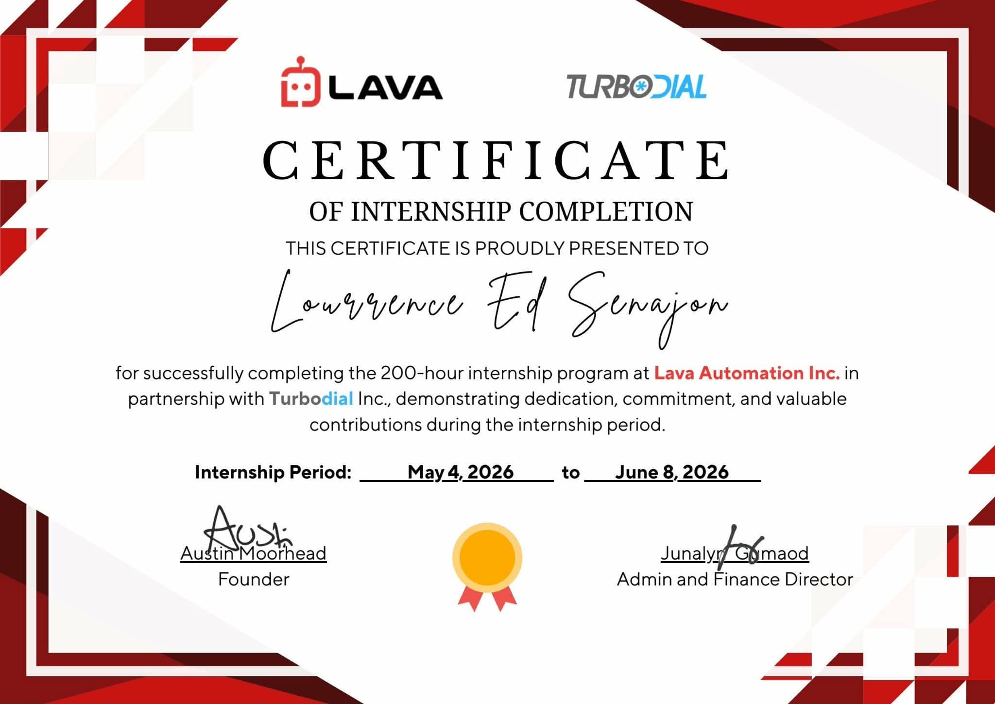 200-hour internship completion — Lava Automation / Turbodial